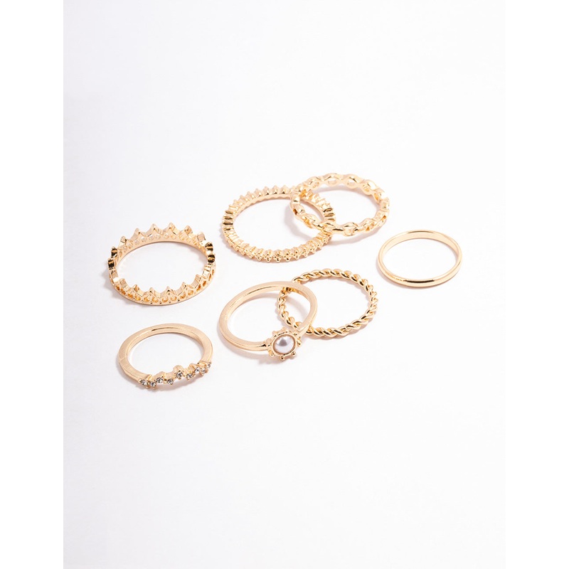 Gold Diamante & Pearl Crown Ring Pack