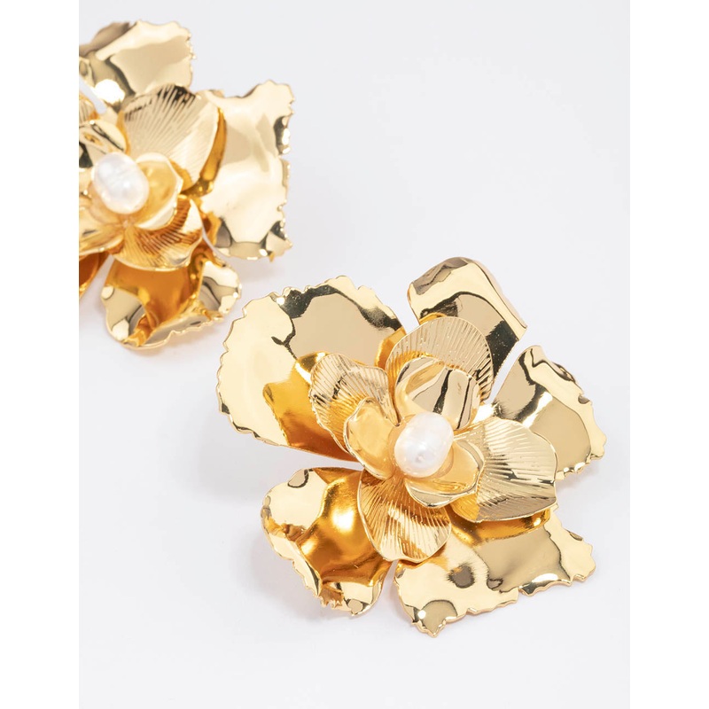 Gold Plated Large Flower Freshwater Pearl Stud Earrings