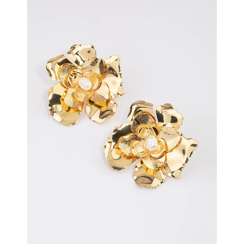 Gold Plated Large Flower Freshwater Pearl Stud Earrings