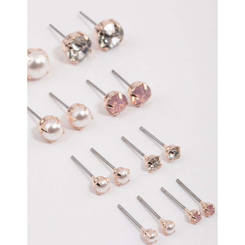 Rose Gold Pearl & Diamante Stud Earrings 8-Pack