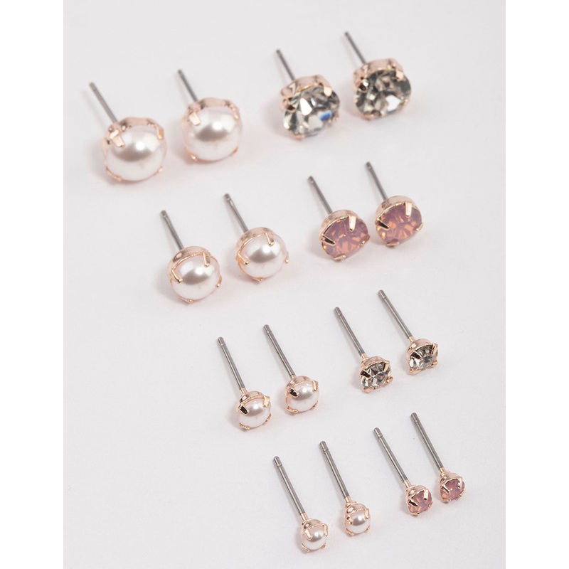 Rose Gold Pearl & Diamante Stud Earrings 8-Pack