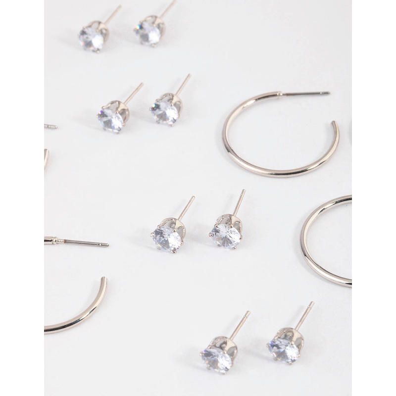 Silver Classic Diamante & Hoop Earrings 8-Pack