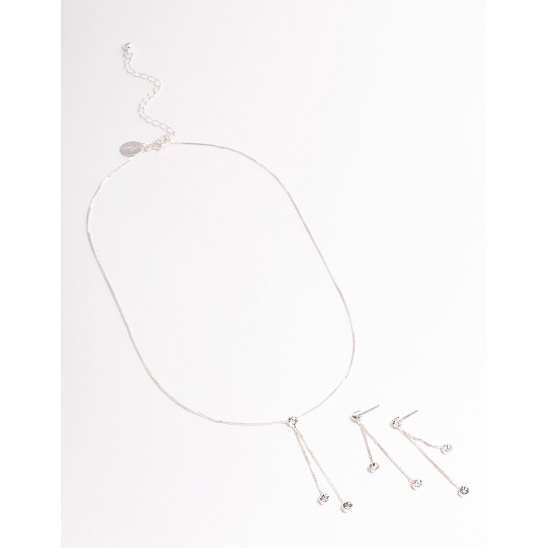 Silver Diamante Y-Shape Necklace & Drop Earrings Jewellery Set