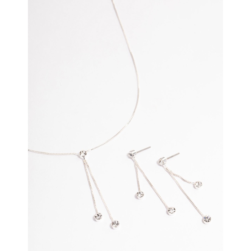 Silver Diamante Y-Shape Necklace & Drop Earrings Jewellery Set