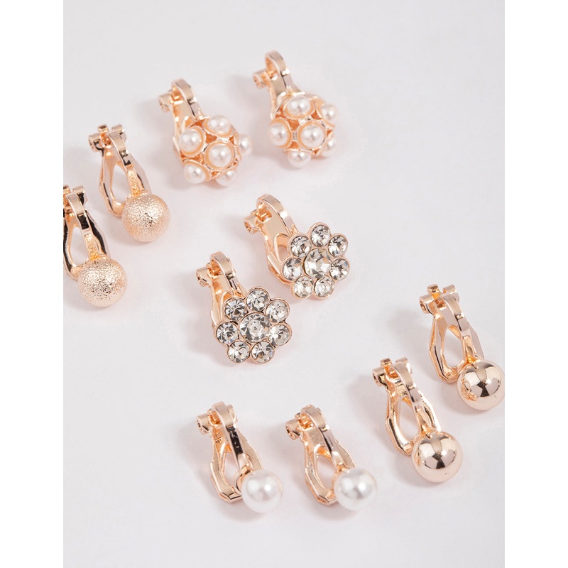 Silver Pearl & Diamante Flower Clip On Earrings 5-Pack