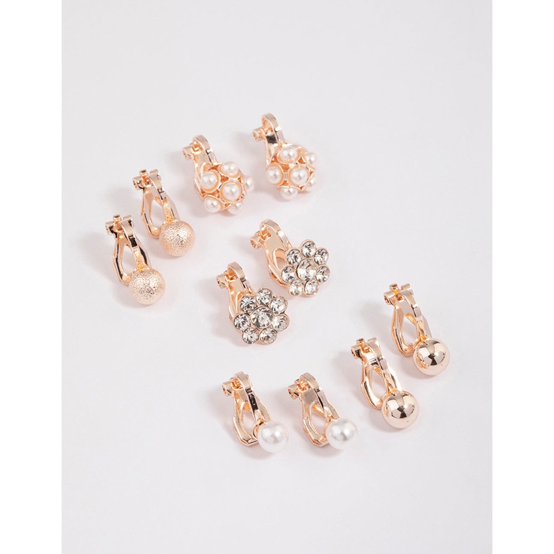 Silver Pearl & Diamante Flower Clip On Earrings 5-Pack