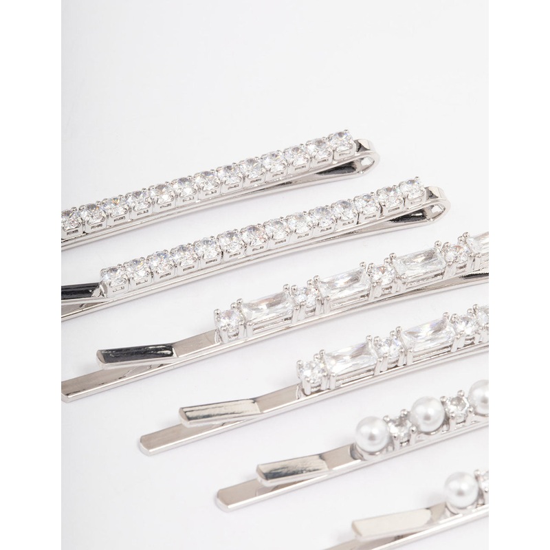 Silver Plated Cubic Zirconia Mixed Stone & Pearl Hair Clips 6-Pack