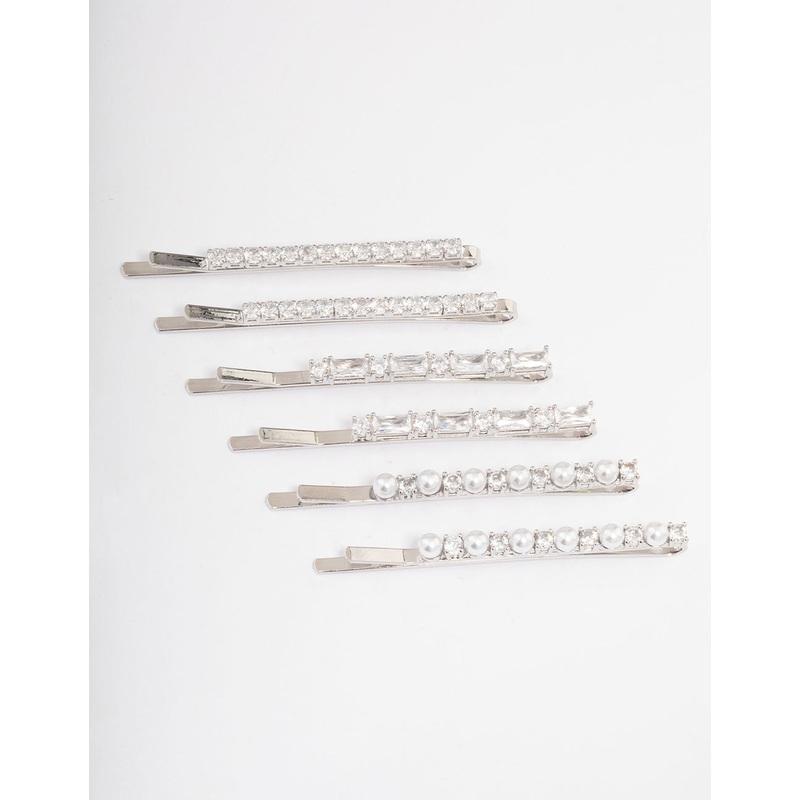 Silver Plated Cubic Zirconia Mixed Stone & Pearl Hair Clips 6-Pack