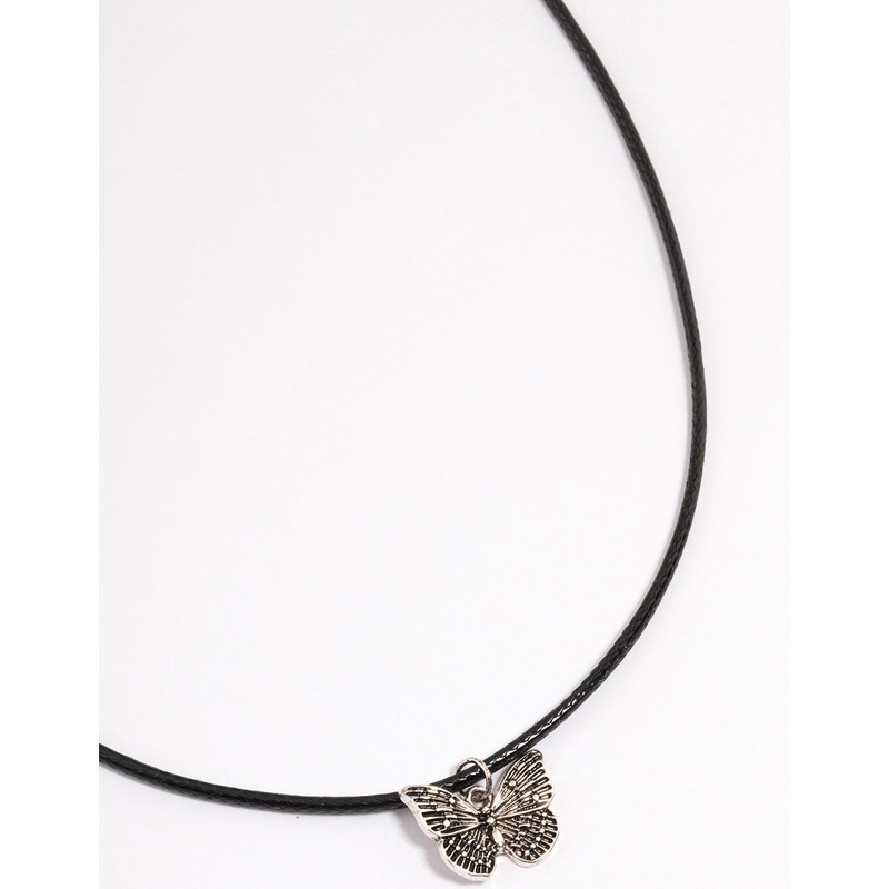 Antique Silver Butterfly Cord Necklace