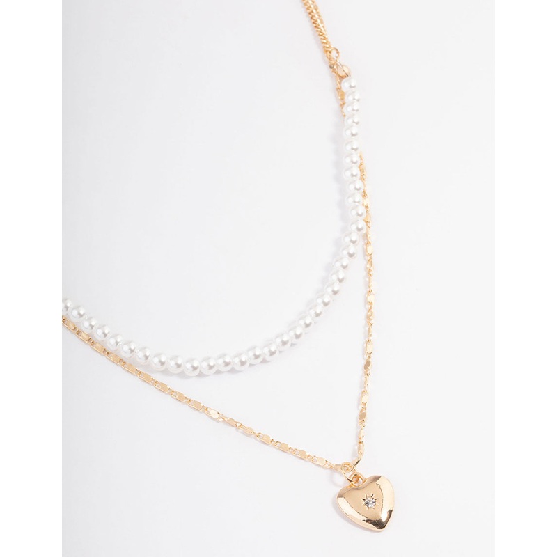 Gold Pearl Strand & Heart Layered Necklace
