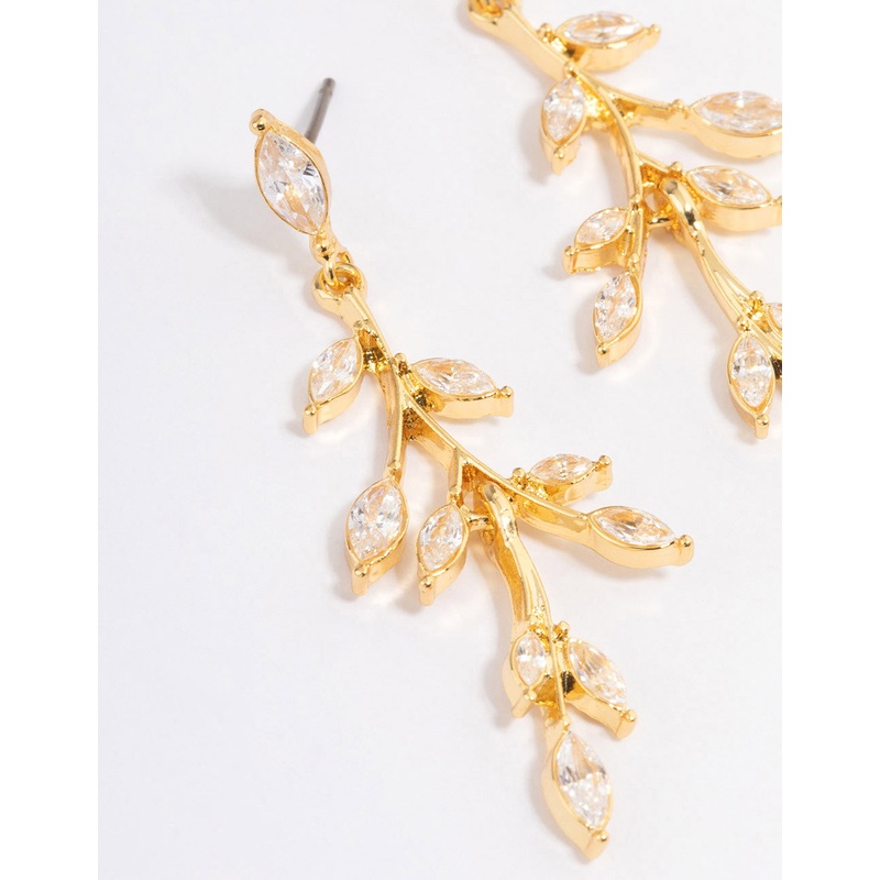 Gold Plated Cubic Zirconia Marquise Leaf Drop Earrings