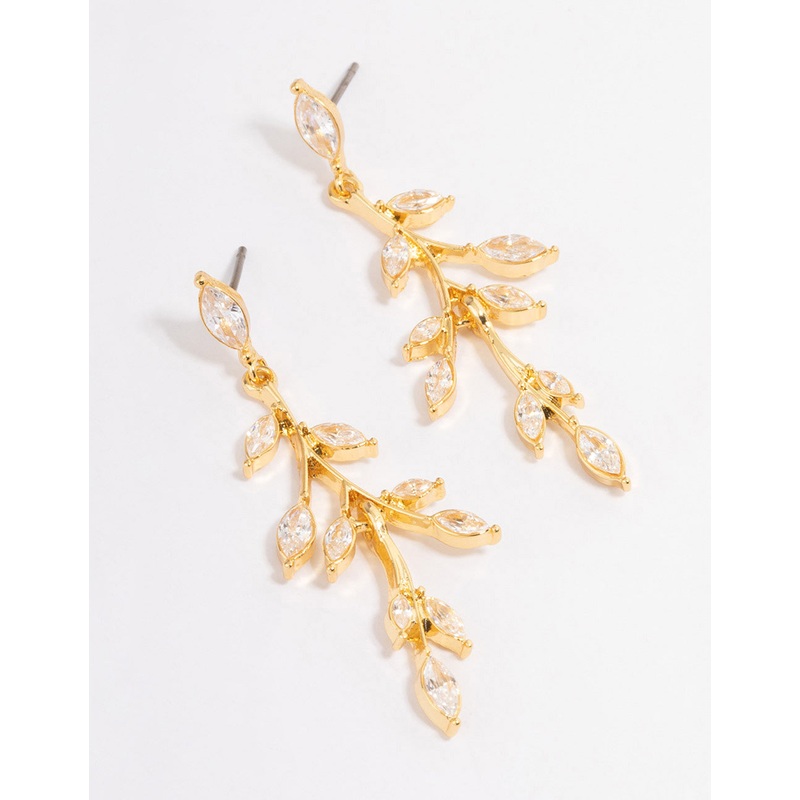 Gold Plated Cubic Zirconia Marquise Leaf Drop Earrings