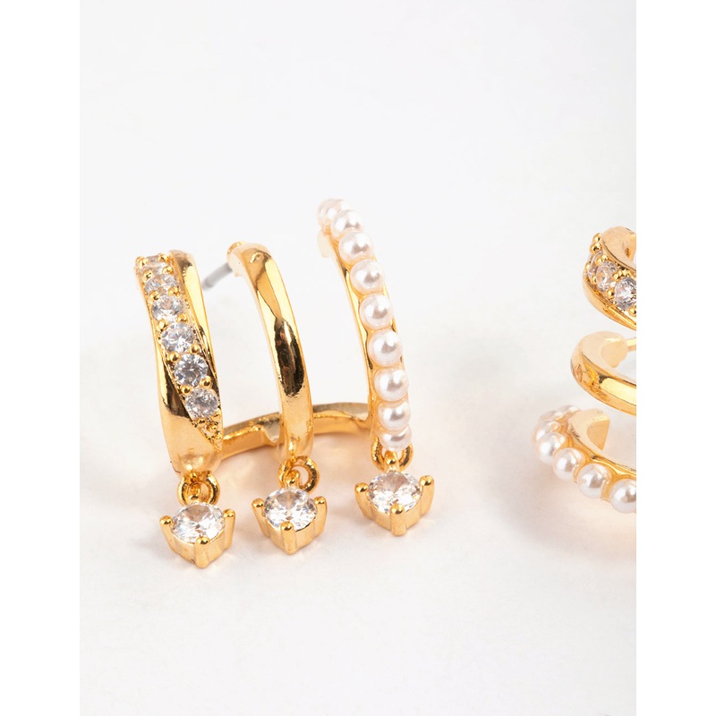 Gold Plated Trio Pearl Diamante Drop Earrings