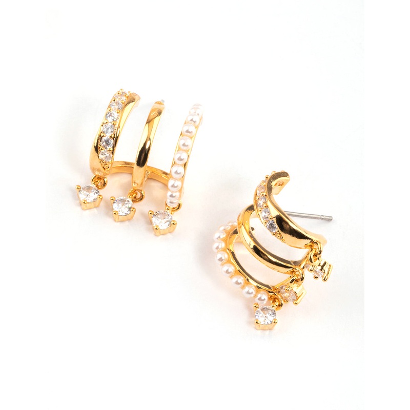 Gold Plated Trio Pearl Diamante Drop Earrings