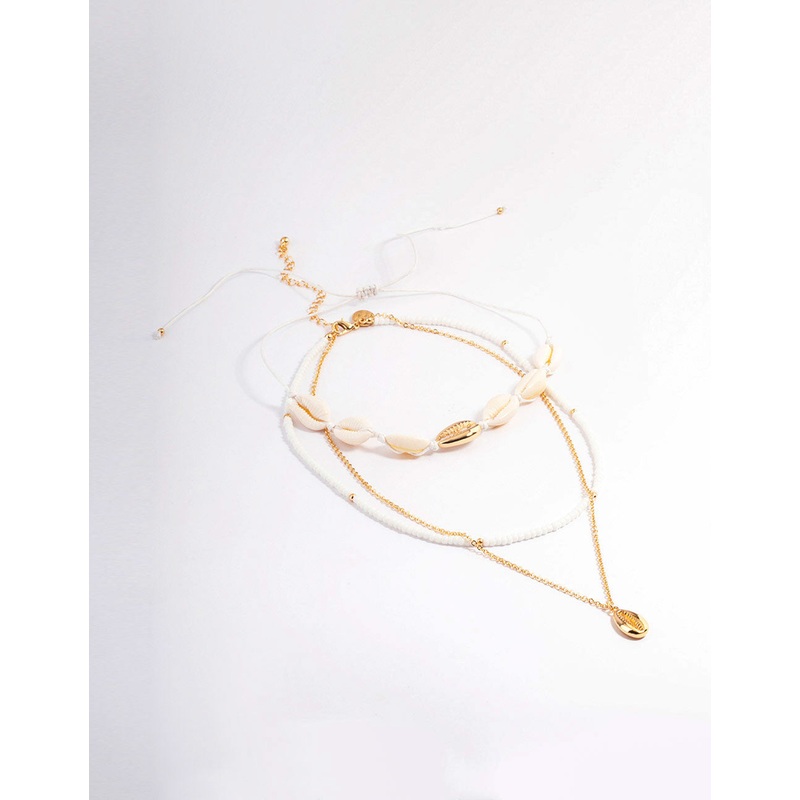 Gold Three Row Bead Shell Necklace