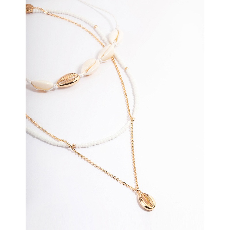 Gold Three Row Bead Shell Necklace