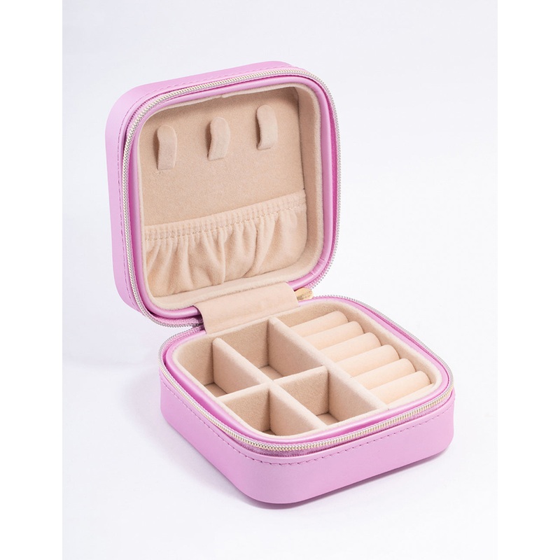 Pink Smooth PU Leather Compact Jewellery Case