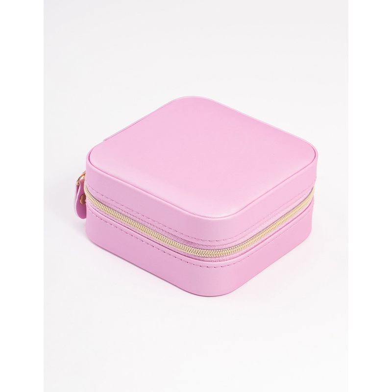 Pink Smooth PU Leather Compact Jewellery Case