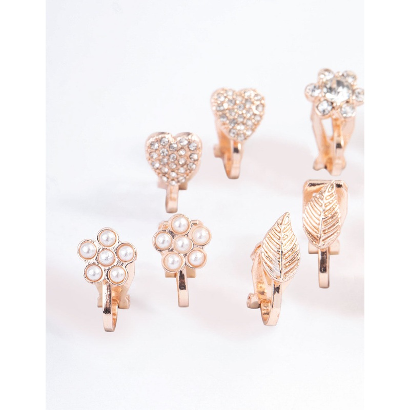 Rose Gold Pave Heart Flower Clip On Earrings 5-Pack