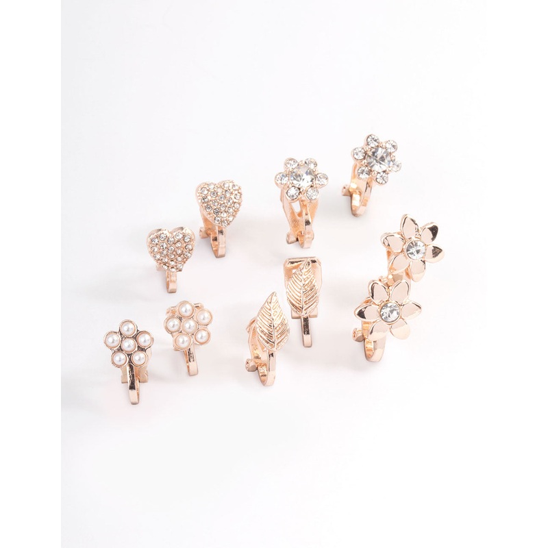 Rose Gold Pave Heart Flower Clip On Earrings 5-Pack