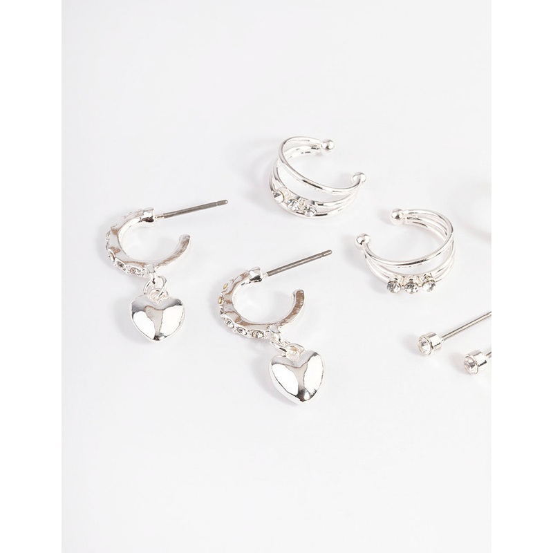 Silver Crystal Puffed Heart Earrings 4-Pack