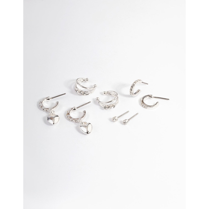 Silver Crystal Puffed Heart Earrings 4-Pack