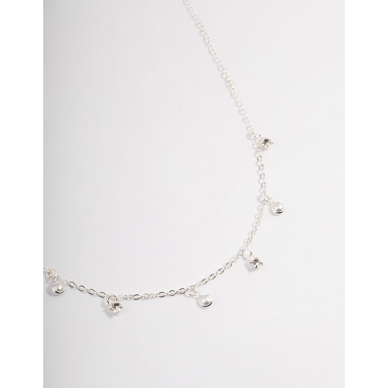 Silver Droplet Diamante & Pearl Necklace