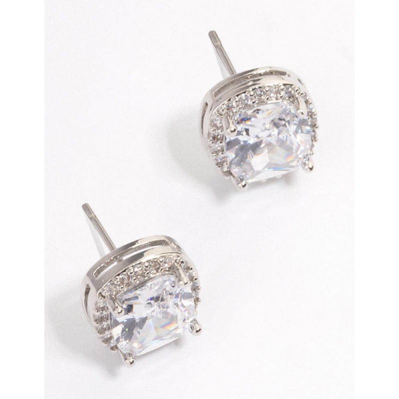 Silver Plated Cubic Zirconia Square Halo Stud Earrings