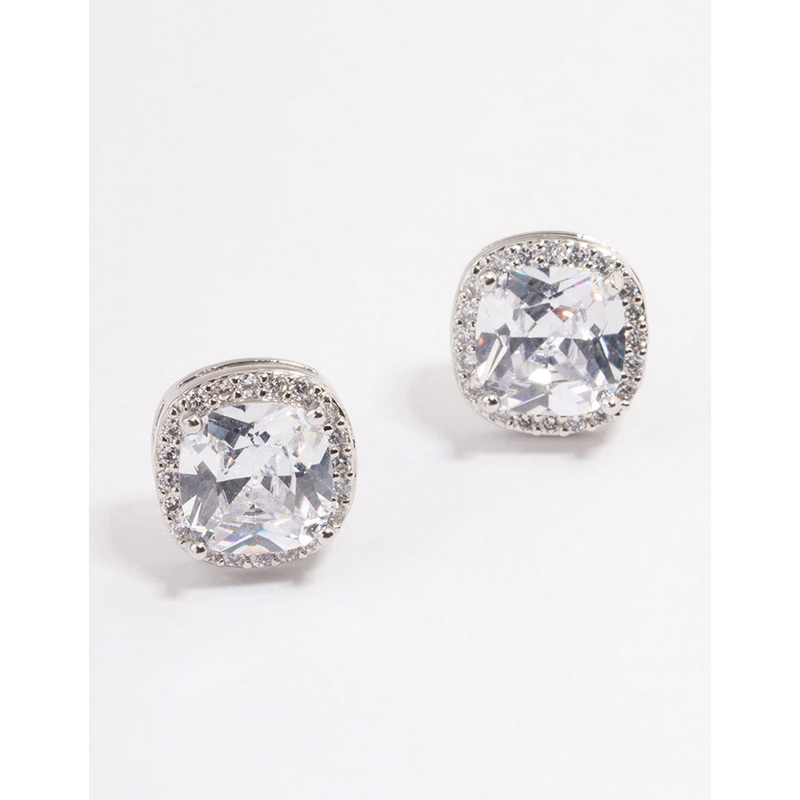 Silver Plated Cubic Zirconia Square Halo Stud Earrings
