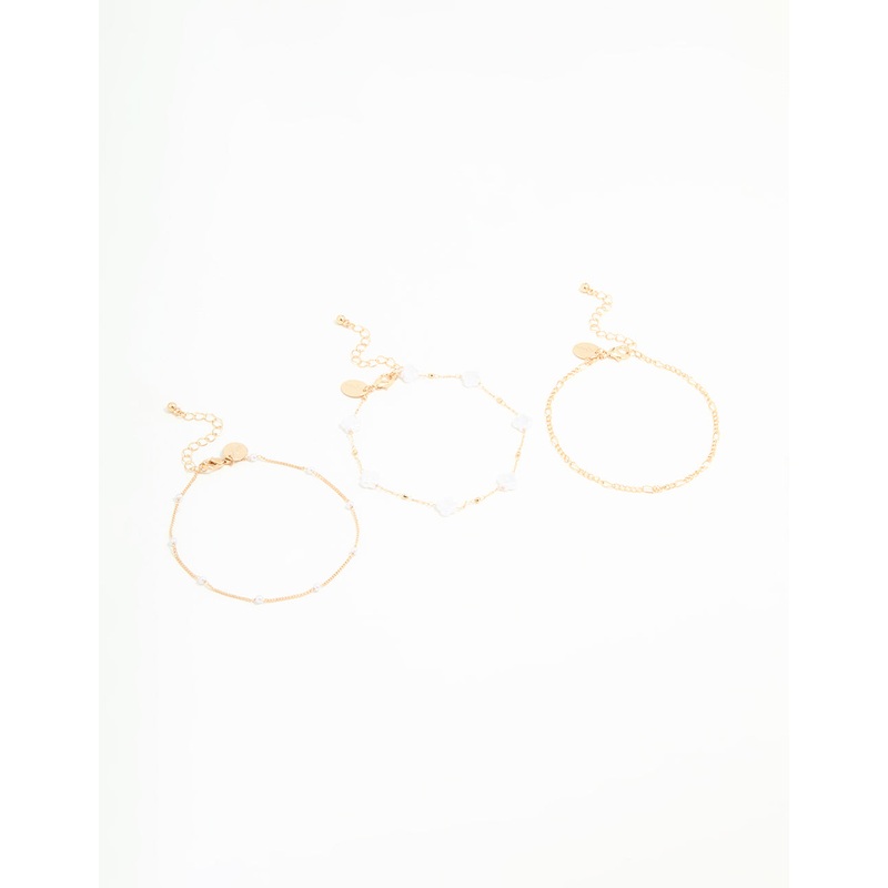 Gold Pearl Chain Anklets 3-Pack