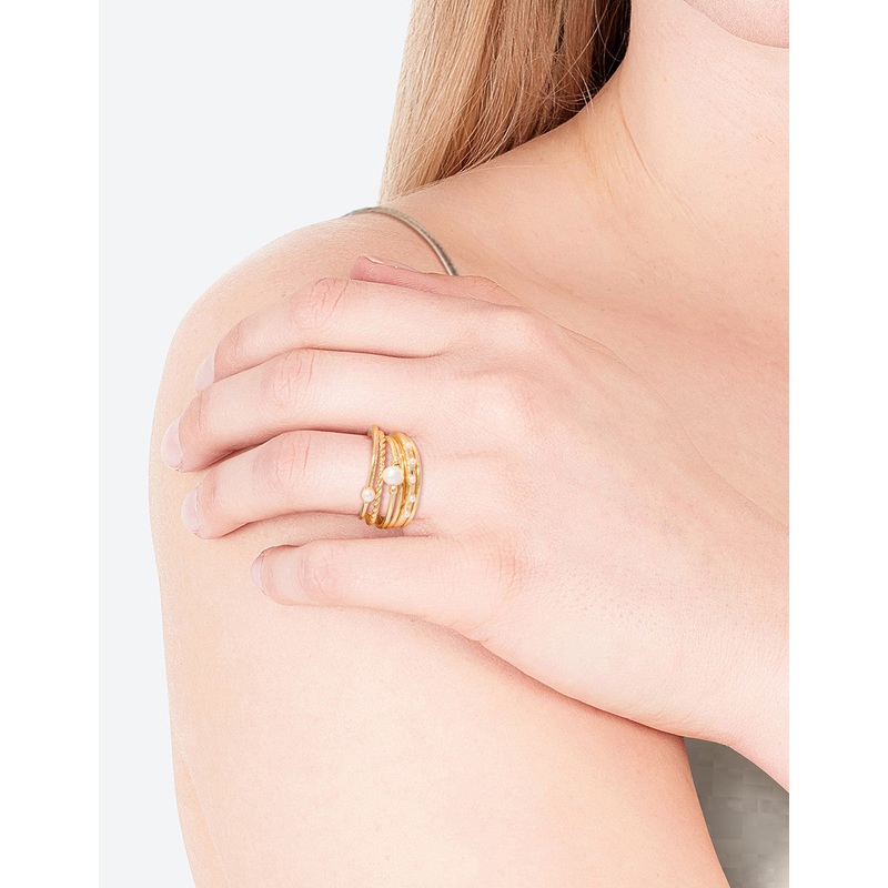 Gold Plated Freshwater Pearl Mixed Band Rings 6-Pack