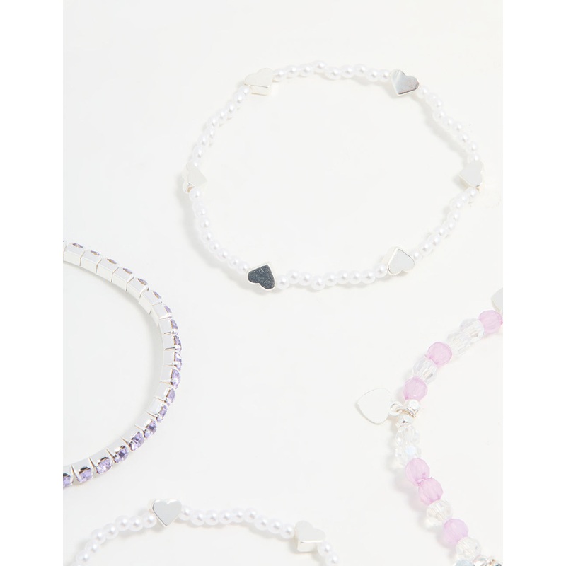 Kids Silver Heart Diamante Beaded Stretch Bracelets 4-Pack