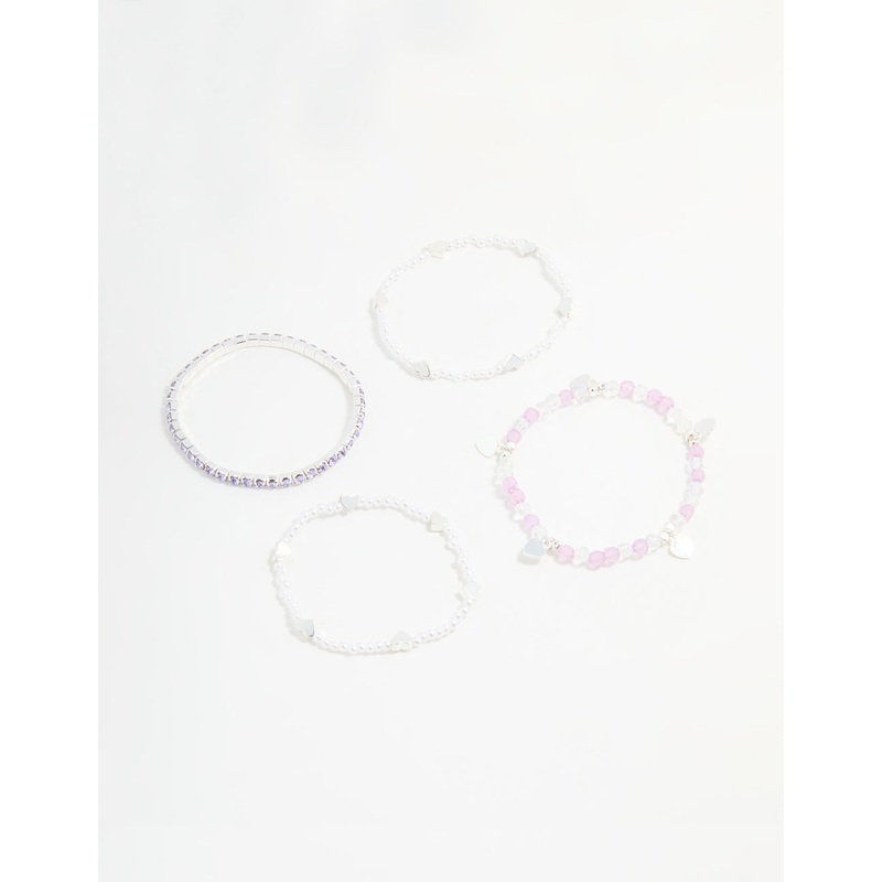 Kids Silver Heart Diamante Beaded Stretch Bracelets 4-Pack