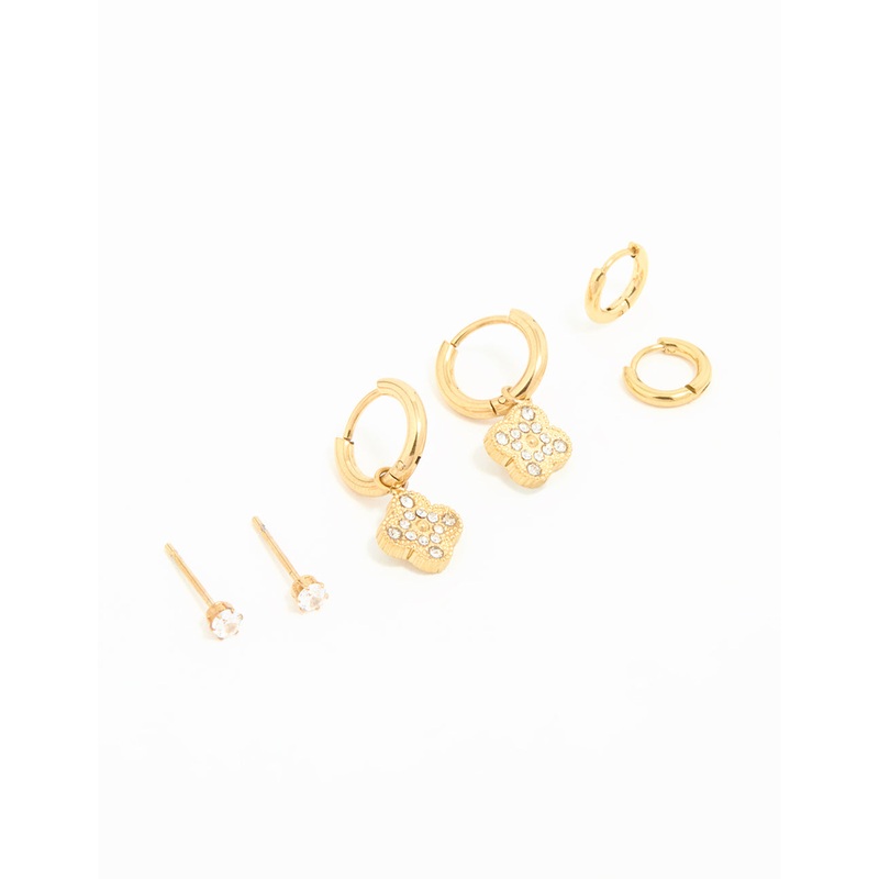 Waterproof Gold Plated Stainless Steel Cubic Zirconia Flower Hoop Earrings 3-Pack