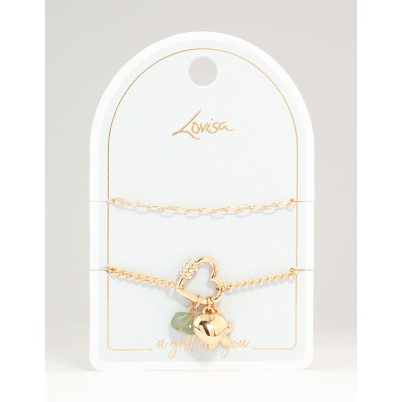 Gold Heart Semiprecious Charm Bracelets 2-Pack