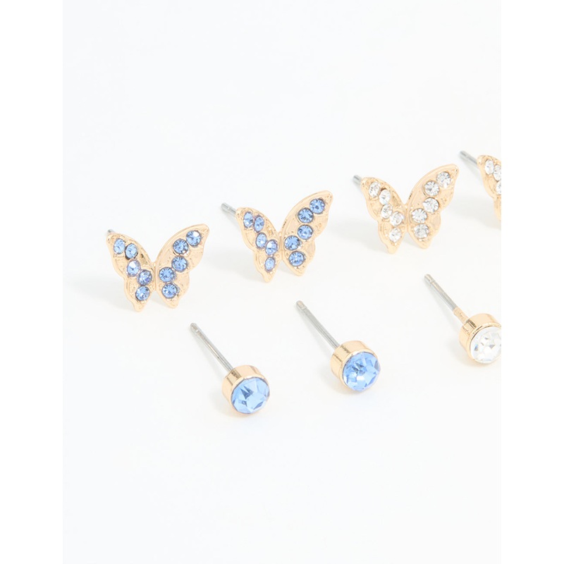 Gold Multicoloured Diamante Butterfly Stud Earrings 8-Pack