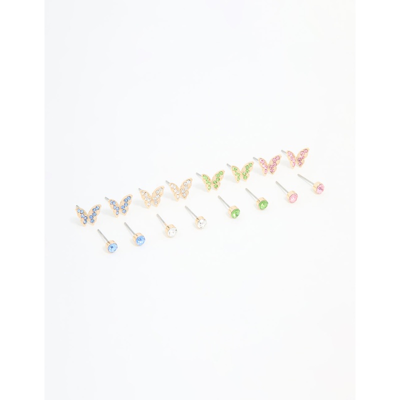 Gold Multicoloured Diamante Butterfly Stud Earrings 8-Pack