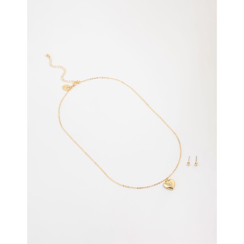 Gold Plated Cubic Zirconia Heart Locket Necklace & Stud Earrings Set