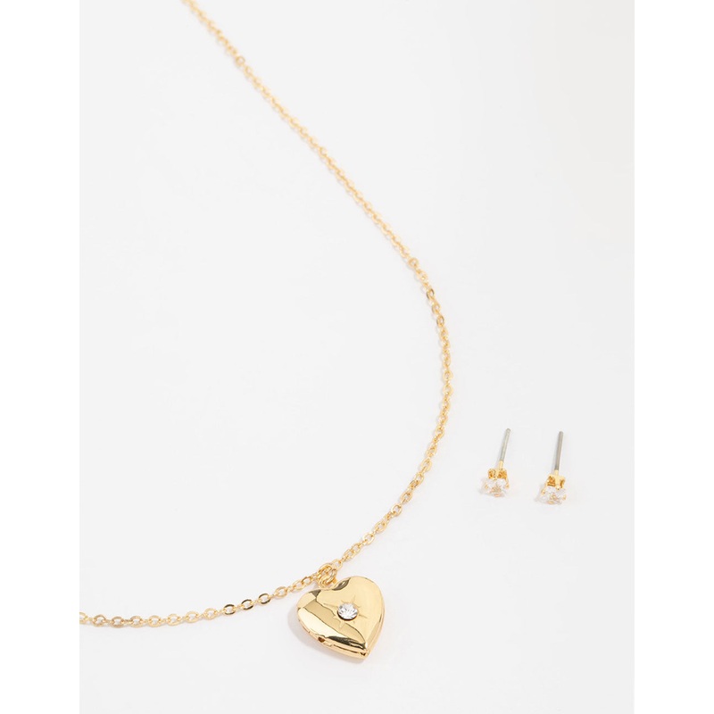 Gold Plated Cubic Zirconia Heart Locket Necklace & Stud Earrings Set
