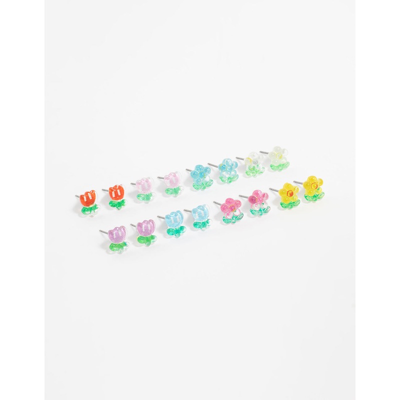 Multicoloured Acrylic Flower Stud Earrings 8-Pack