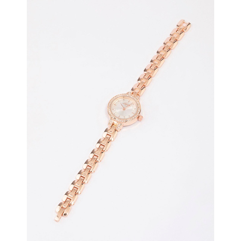 Rose Gold Diamante Small Round Strap Watch