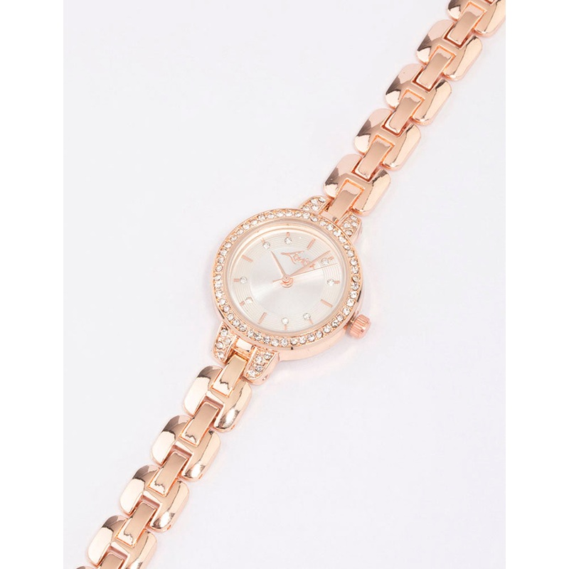 Rose Gold Diamante Small Round Strap Watch