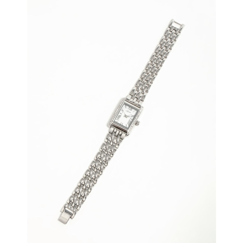 Silver Diamante Roman Numeral Enamel Rectangle Watch