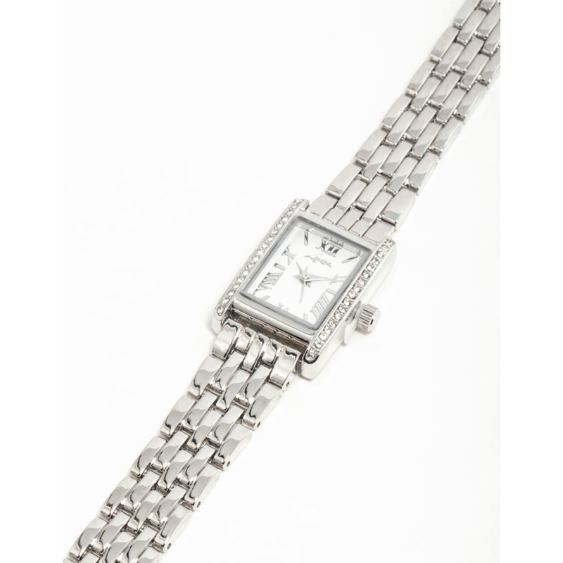 Silver Diamante Roman Numeral Enamel Rectangle Watch