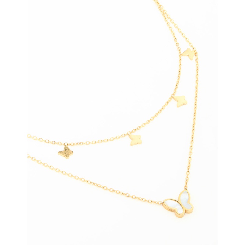 Waterproof Gold Plated Stainless Steel Butterfly Layered Necklace