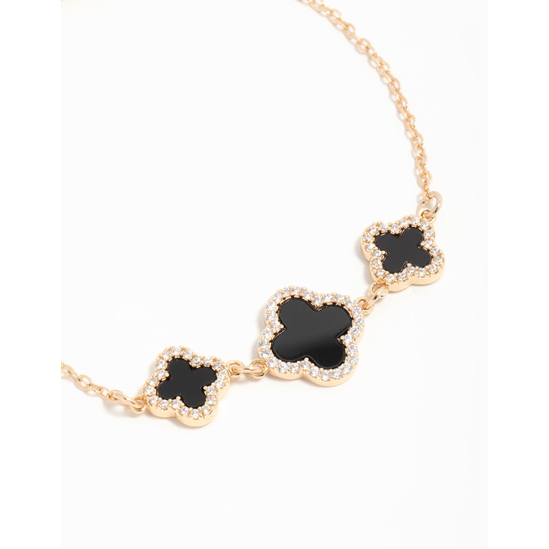 Gold Cubic Zirconia Black Flower Trio Toggle  Bracelet