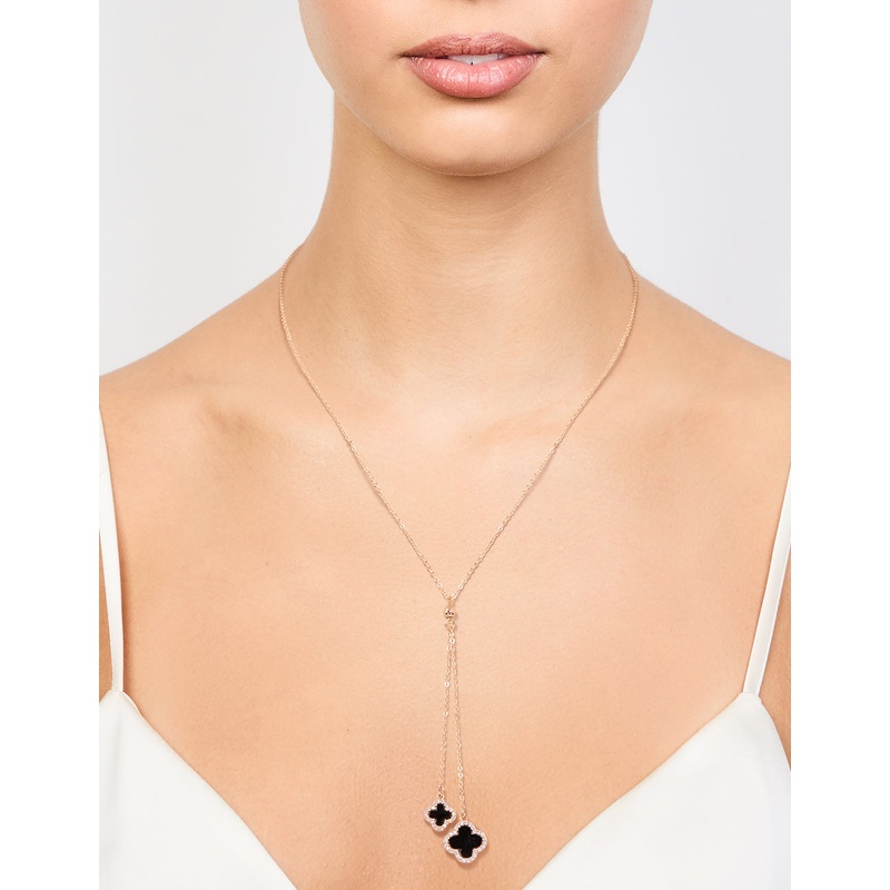 Gold Cubic Zirconia Black Flower Y-Necklace