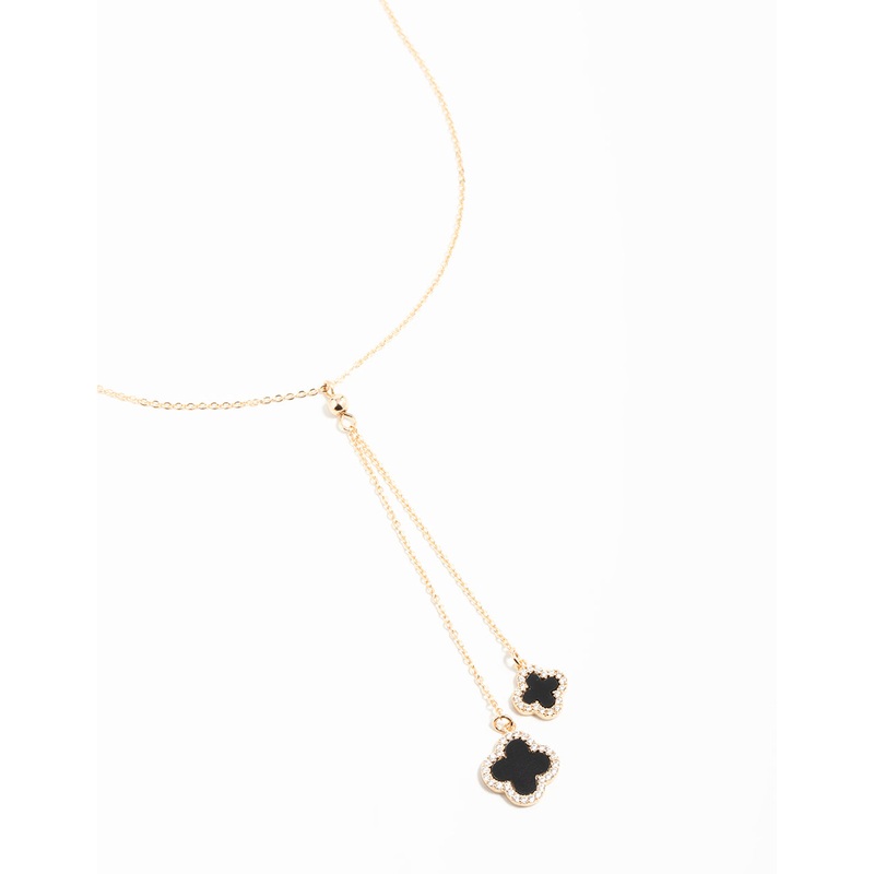 Gold Cubic Zirconia Black Flower Y-Necklace