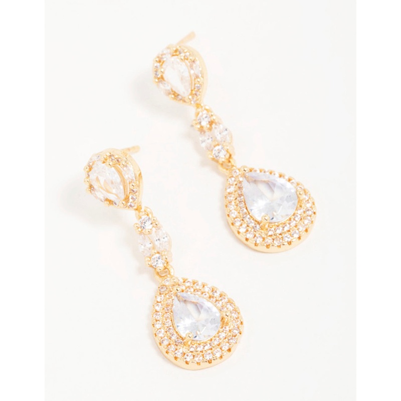 Gold Cubic Zirconia Halo Pear Drop Earrings