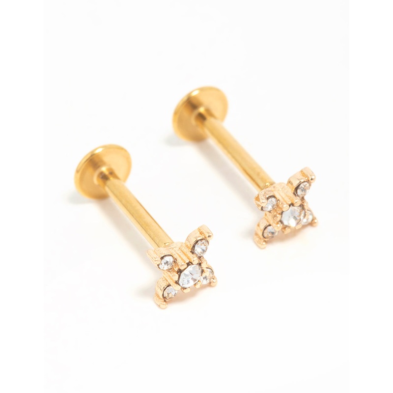 Gold Plated Surgical Steel Diamante Clover Flat Back Earrings